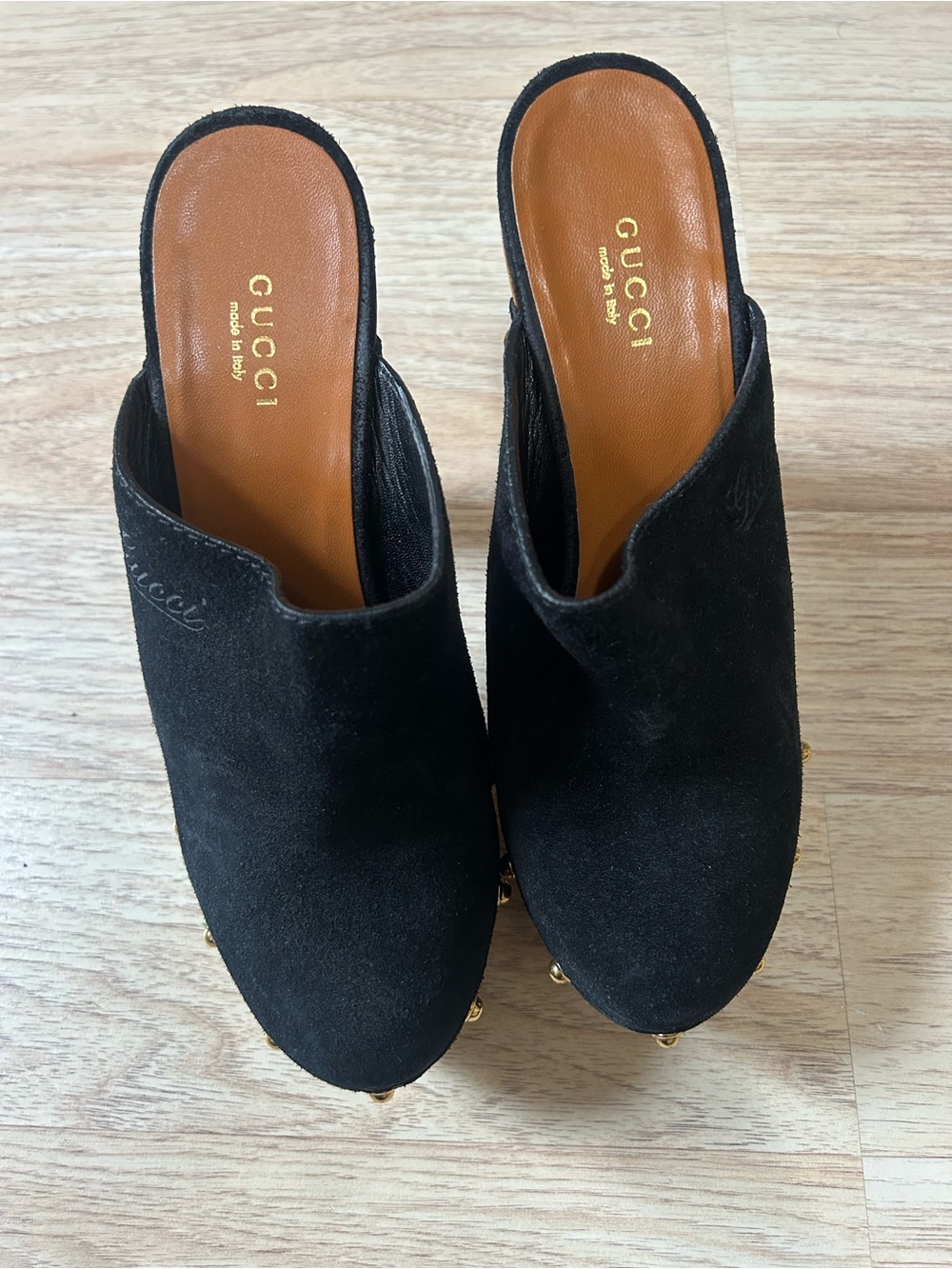 Gucci Black Suede Gold-Stud Wood Platform Mules - Picture 2 of 6
